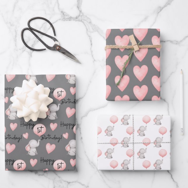 Elephant 1st Birthday Wrapping Paper Sheets (Front)