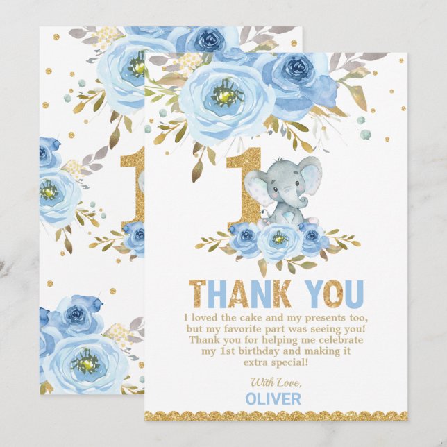 Elephant 1st First Birthday Blue Floral Flowers Thank You Card (Front/Back)