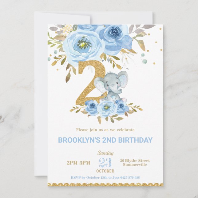 Elephant 2nd Birthday Blue Floral Flowers Two Invitation (Front)