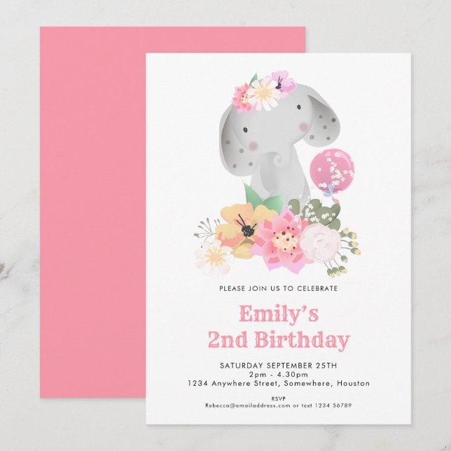 Elephant 2nd Birthday Girl Jungle Pink Party Invitation (Front/Back)