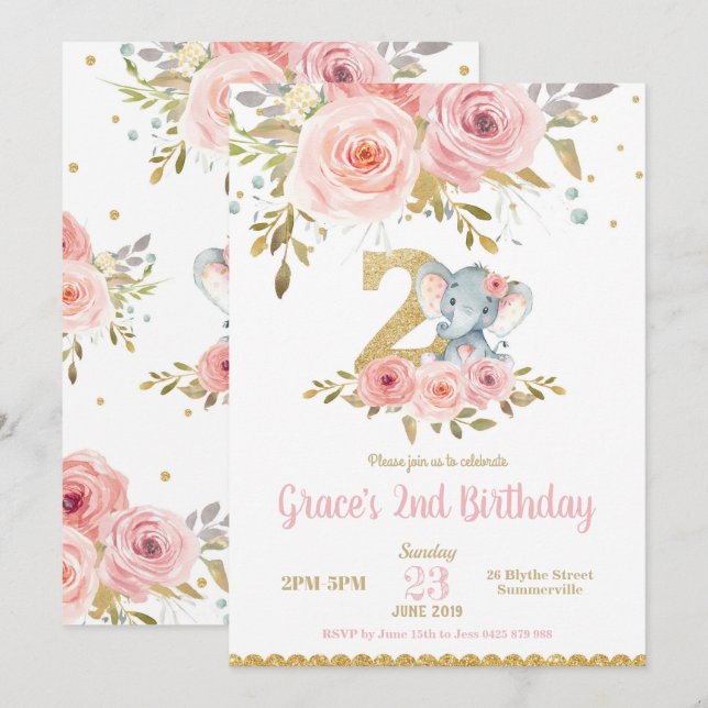 Elephant 2nd Birthday Invitation Girl Pink Floral (Front/Back)