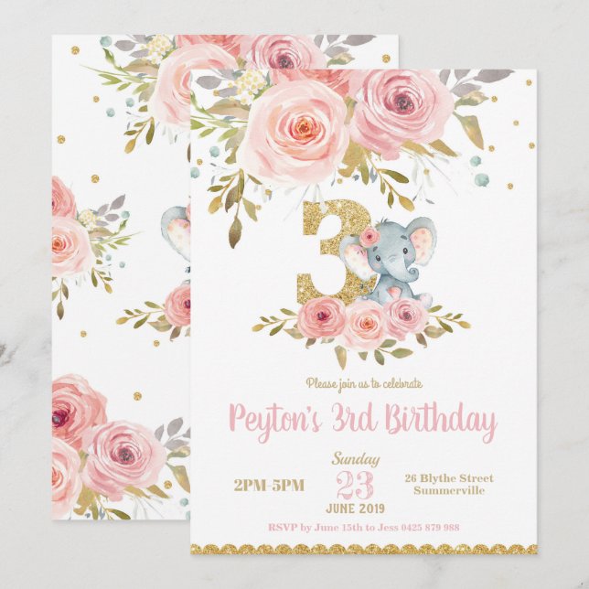 Elephant 3rd Birthday Invitation Girl Pink Floral (Front/Back)