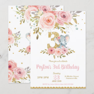 Elephant 3rd Birthday Invitation Girl Pink Floral