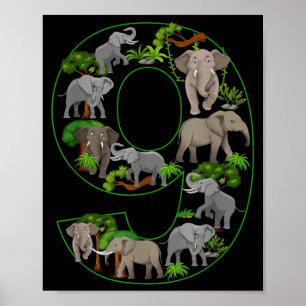 Elephant 9th Birthday Themed 9 Year Old Kids Poster