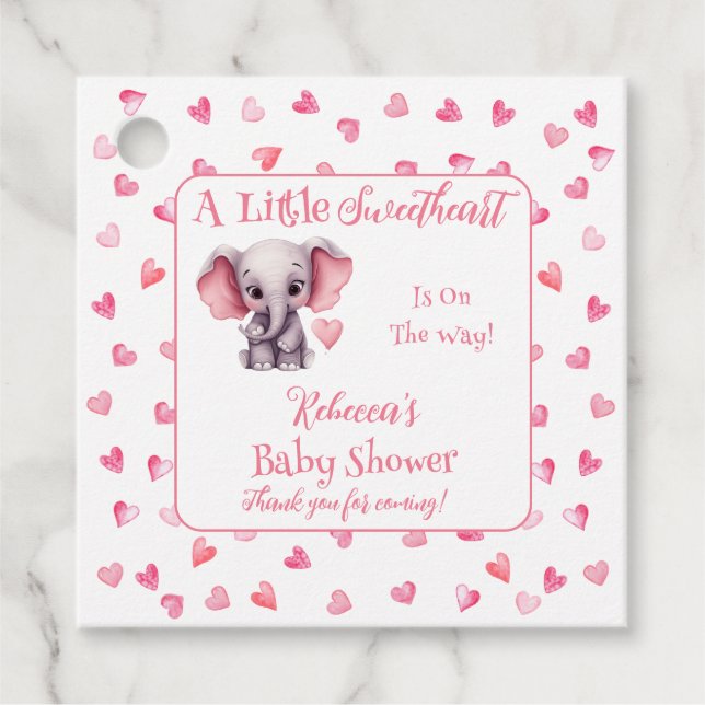 Elephant A Little Sweetheart Girl Baby Shower Favour Tags (Front)