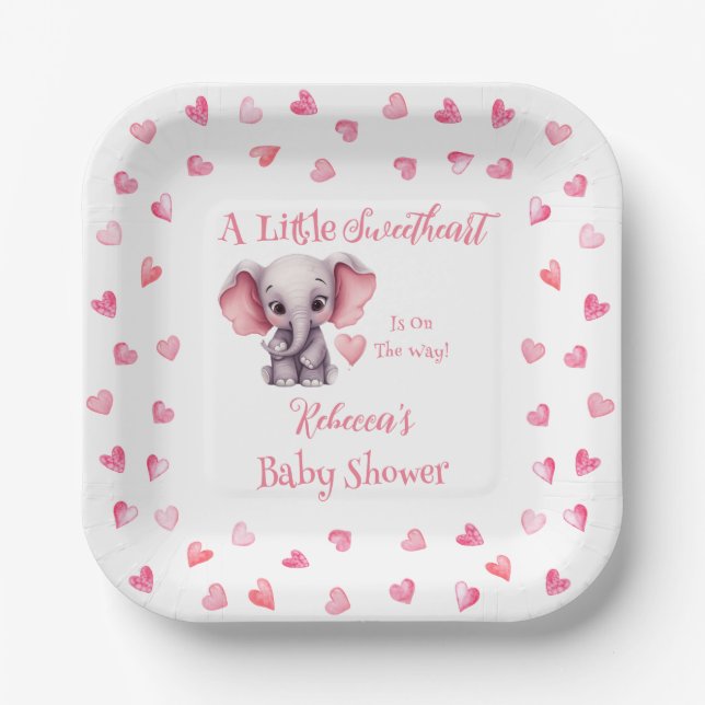 Elephant A Little Sweetheart Girl Baby Shower Paper Plate (Front)