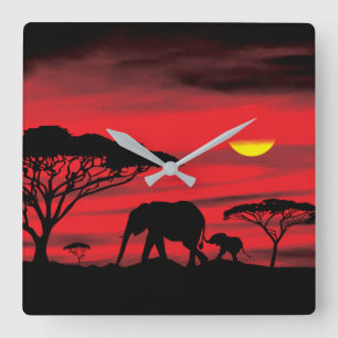 Elephant and Baby in the Serengeti Square Wall Clock