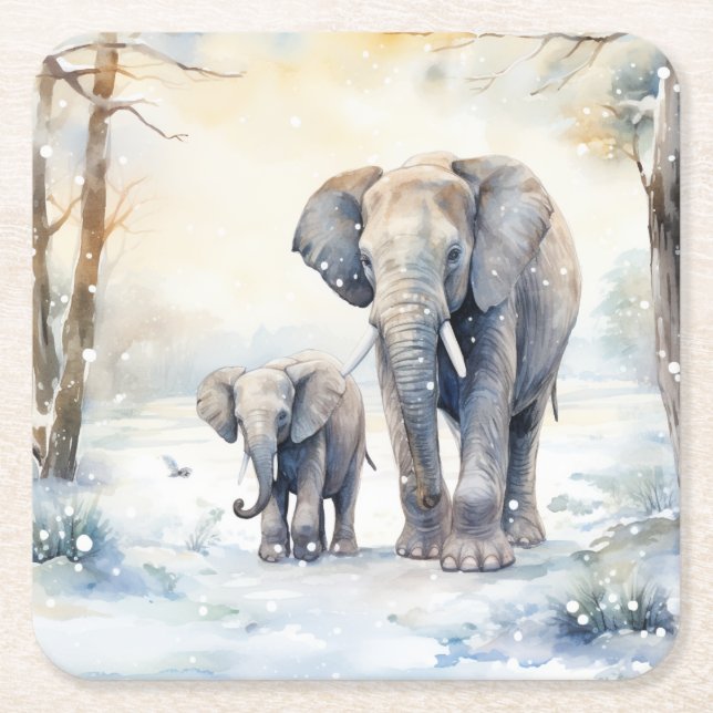 Elephant and Baby Square Paper Coaster (Front)