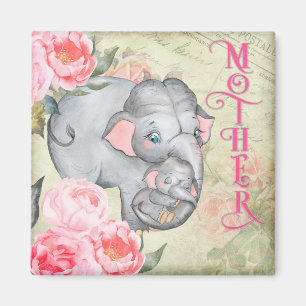 Elephant and Baby Vintage Floral Mothers Day Magnet