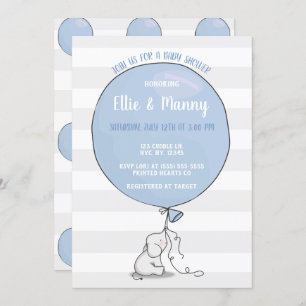 Elephant and Balloon Baby Shower Invitation   Blue
