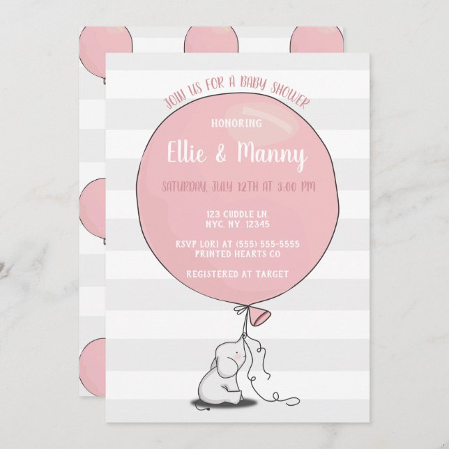 Elephant and Balloon Baby Shower Invitation | Pink (Front/Back)
