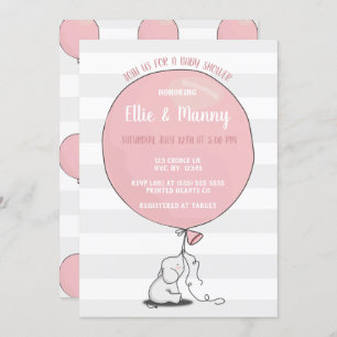 Elephant and Balloon Baby Shower Invitation   Pink