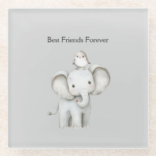 Elephant and Bird Best Friends Glass Coaster