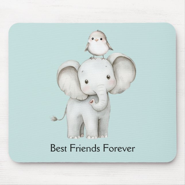 Elephant and Bird Best Friends Mint Mouse Mat (Front)