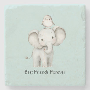 Elephant and Bird Best Friends Mint Stone Coaster