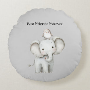 Elephant and Bird Best Friends Round Cushion