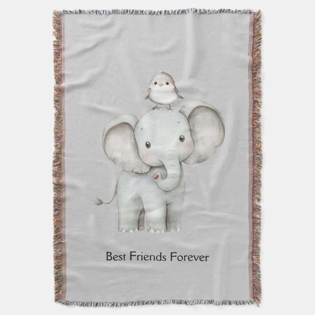 Elephant and Bird Best Friends Throw Blanket (Front Vertical)