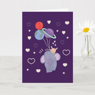 Elephant and Bunny Space Balloon Ride Whimsical Card