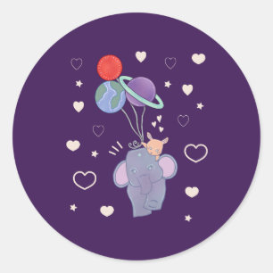 Elephant and Bunny Space Balloon Ride   Whimsical  Classic Round Sticker