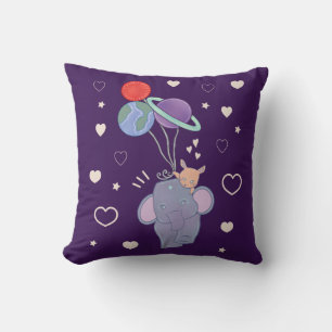 Elephant and Bunny Space Balloon Ride Whimsical Cushion