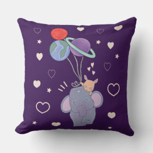 Elephant and Bunny Space Balloon Ride Whimsical Cushion