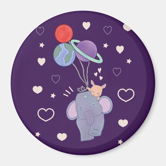 Elephant and Bunny Space Balloon Ride | Whimsical  Magnet (Front)