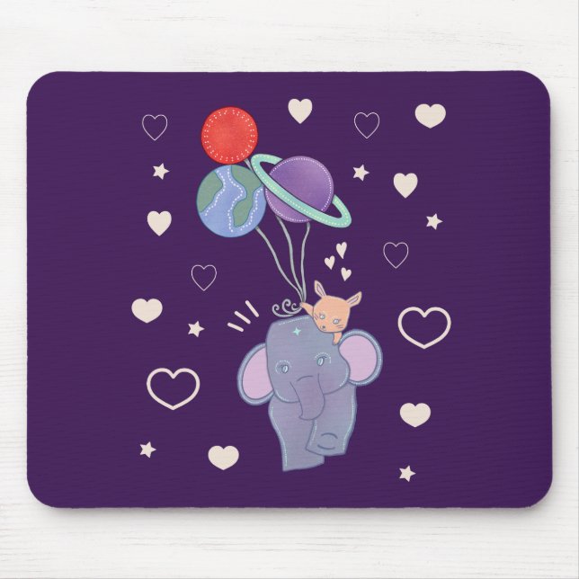 Elephant and Bunny Space Balloon Ride | Whimsical  Mouse Mat (Front)