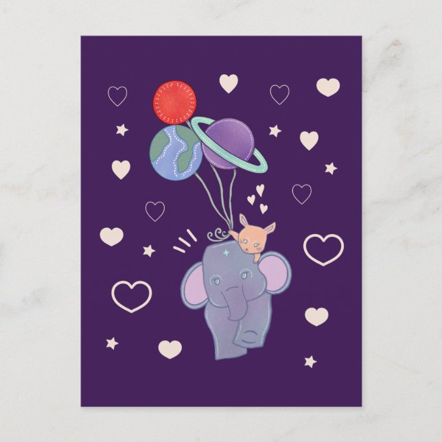 Elephant and Bunny Space Balloon Ride | Whimsical  Postcard (Front)