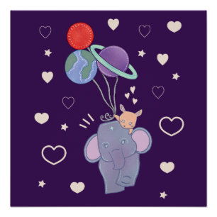 Elephant and Bunny Space Balloon Ride Whimsical Poster