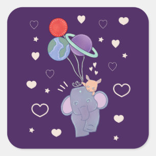 Elephant and Bunny Space Balloon Ride   Whimsical  Square Sticker