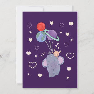 Elephant and Bunny Space Balloon Ride Whimsical Thank You Card