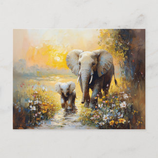 Elephant and Calf Flowers and Sunset Painting Postcard