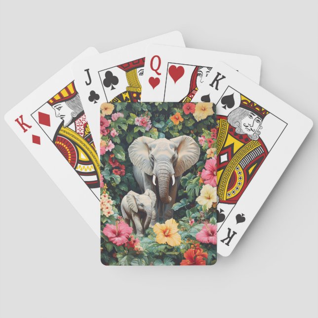 Elephant and Calf Hibiscus Flowers Playing Cards (Back)