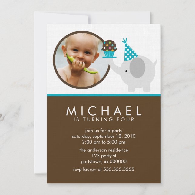Elephant and Cupcake Birthday Announcements (Front)