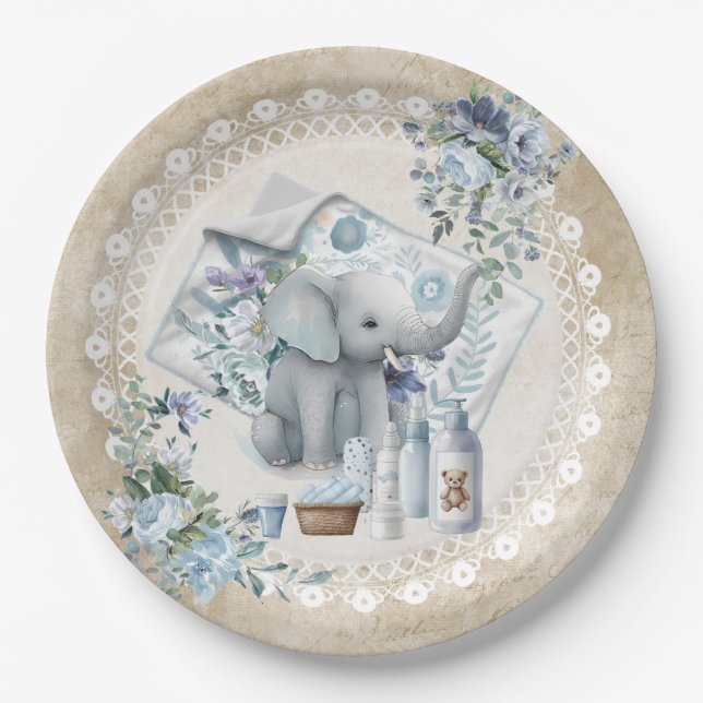 Elephant and dusty blue flowers boy baby shower paper plate (Front)