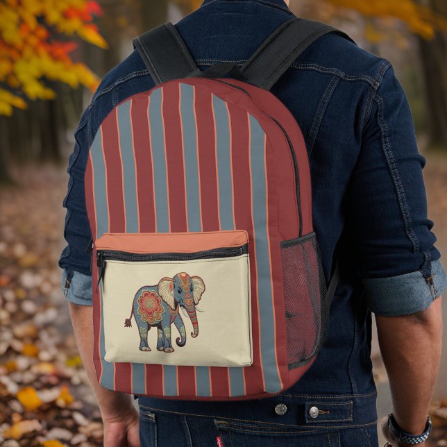 Elephant and Dusty Blue Red Stripes with Monogram Printed Backpack (Creator Uploaded)
