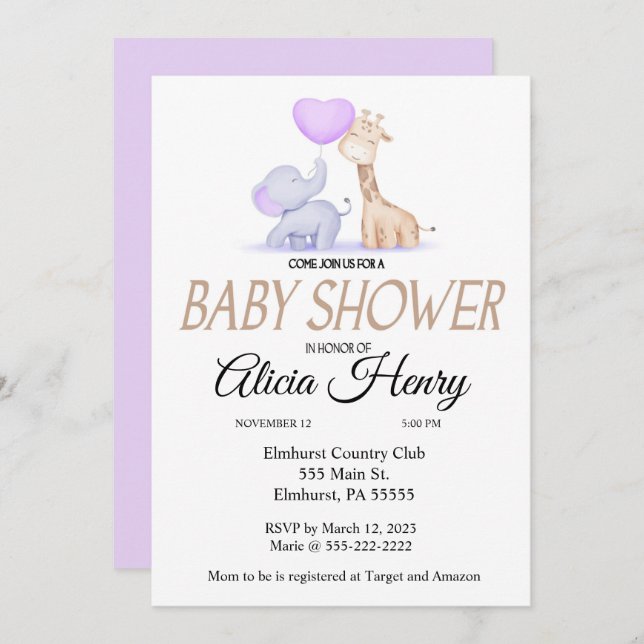 Elephant and Giraffe Baby shower invitation (Front/Back)