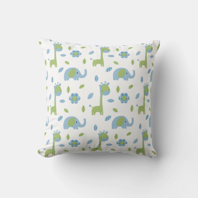 Elephant and Giraffe Blue-Green Throw Pillow (Front)