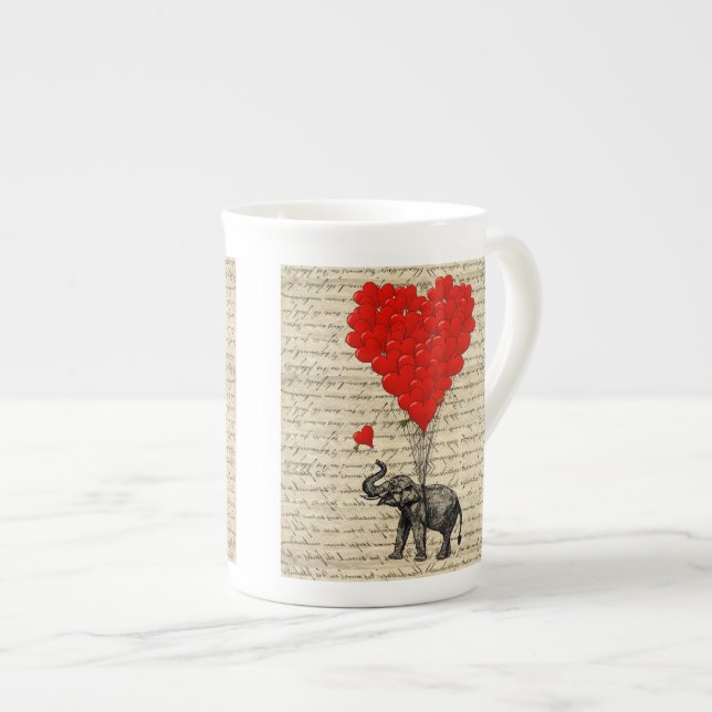 Elephant and heart shaped balloons bone china mug (Front Right)