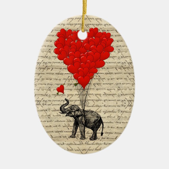Elephant and heart shaped balloons ceramic tree decoration (Front)