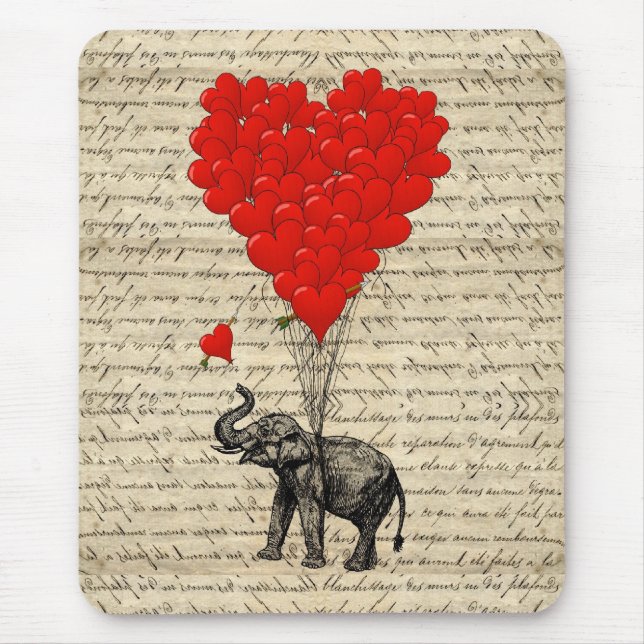Elephant and heart shaped balloons mouse mat (Front)