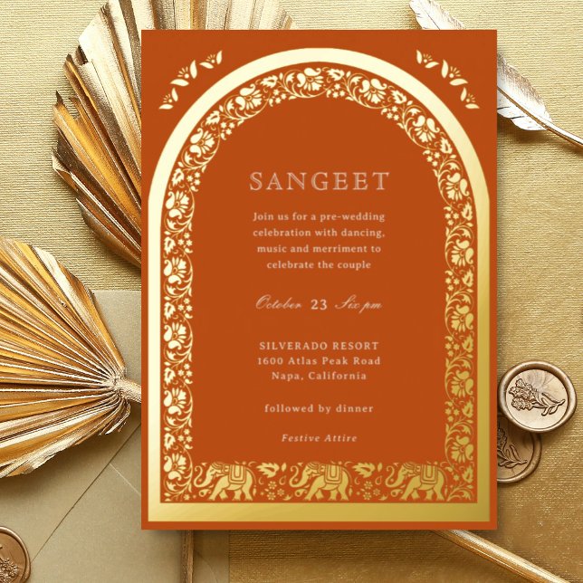 Elephant and Lotus Flower Indian Sangeet Gold (Orange Indian wedding Sangeet invitation, elephant and lotus flower, hindu wedding invitation card)