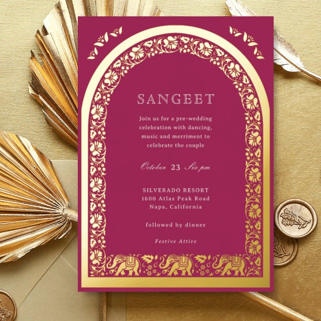 Elephant and Lotus Flower Indian Sangeet Gold (Pink Indian wedding Sangeet invitation, elephant and lotus flower, hindu wedding invitation card)
