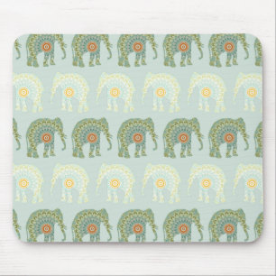 Elephant and Mandala in Light Green Mouse Mat