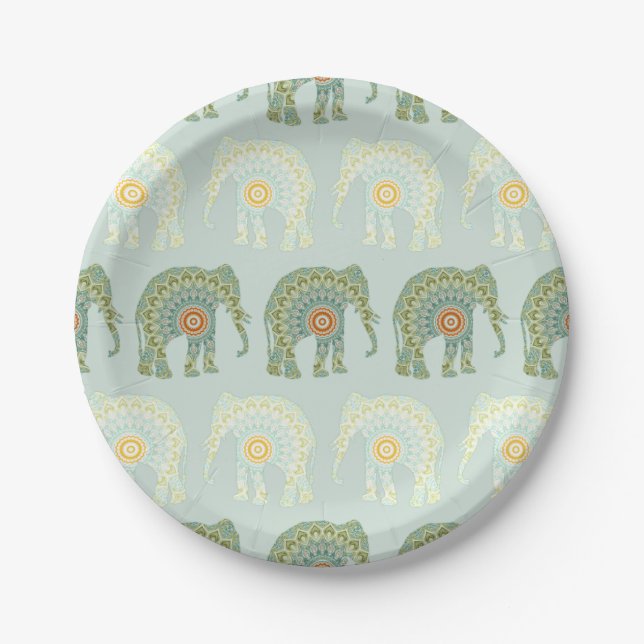 Elephant and Mandala in Light Green  Paper Plate (Front)