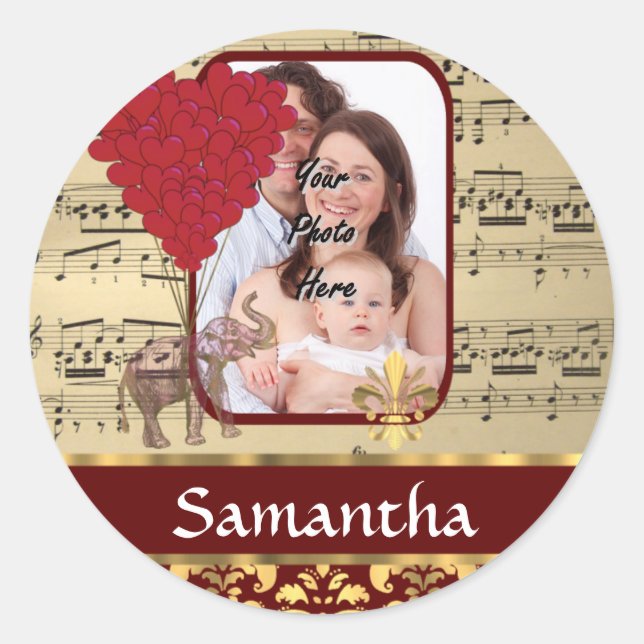 Elephant and music sheet classic round sticker (Front)
