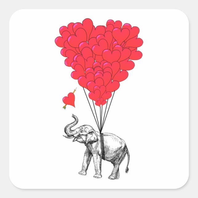 Elephant and red heart balloons square sticker (Front)