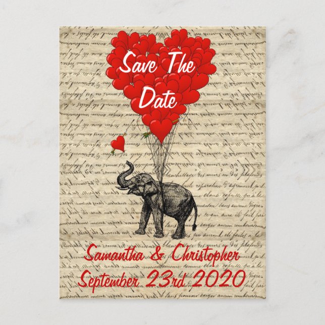 Elephant and red heart save the date announcement postcard (Front)