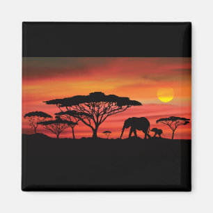 Elephant and Serengeti Orange Sunset Magnet