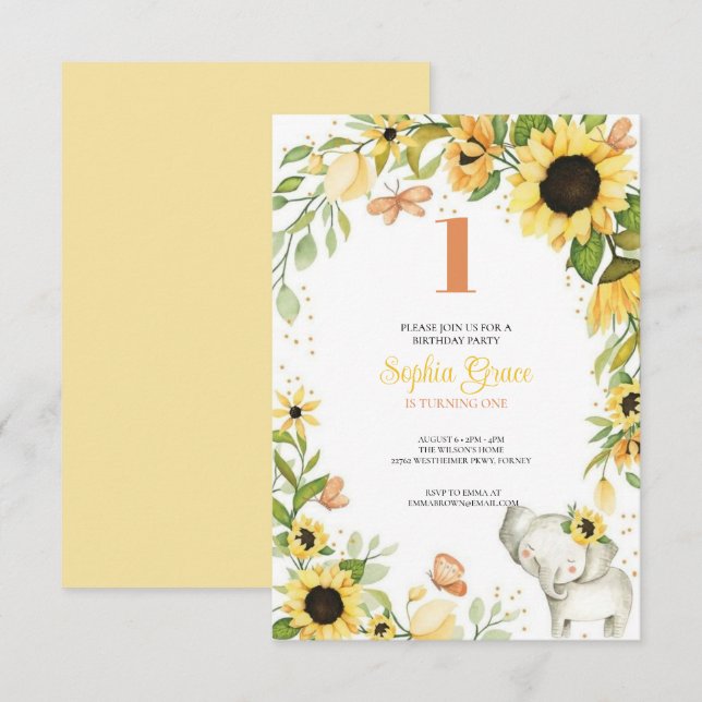  Elephant and Sunflower Animal First Birthday Invitation (Front/Back)